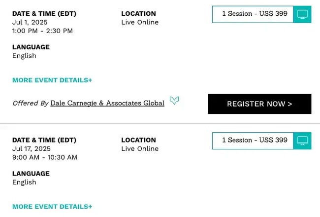 schedule of live online courses offered by dale carnegie for july 2025, customer service training program